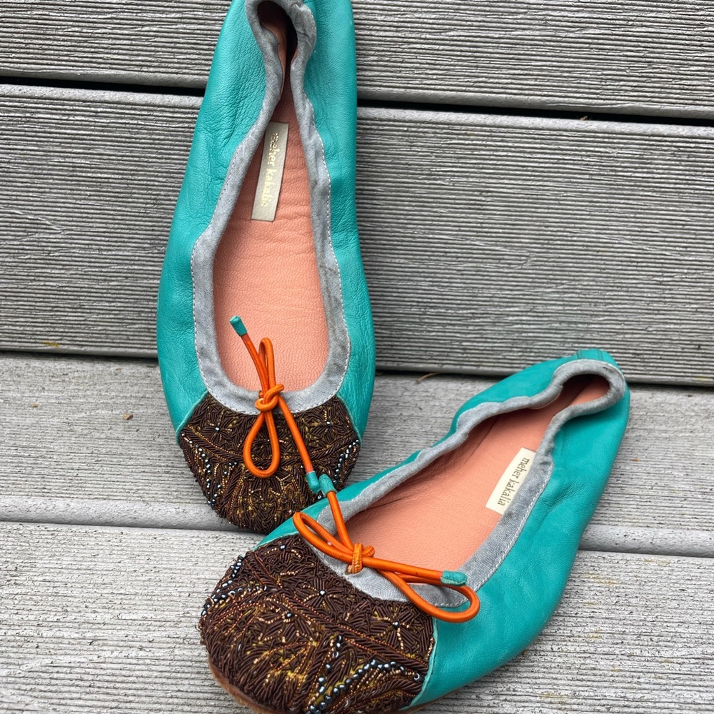 Meher Kakalia beaded ballet Flats leather Aqua orange boho Anthropologie 8.5 39